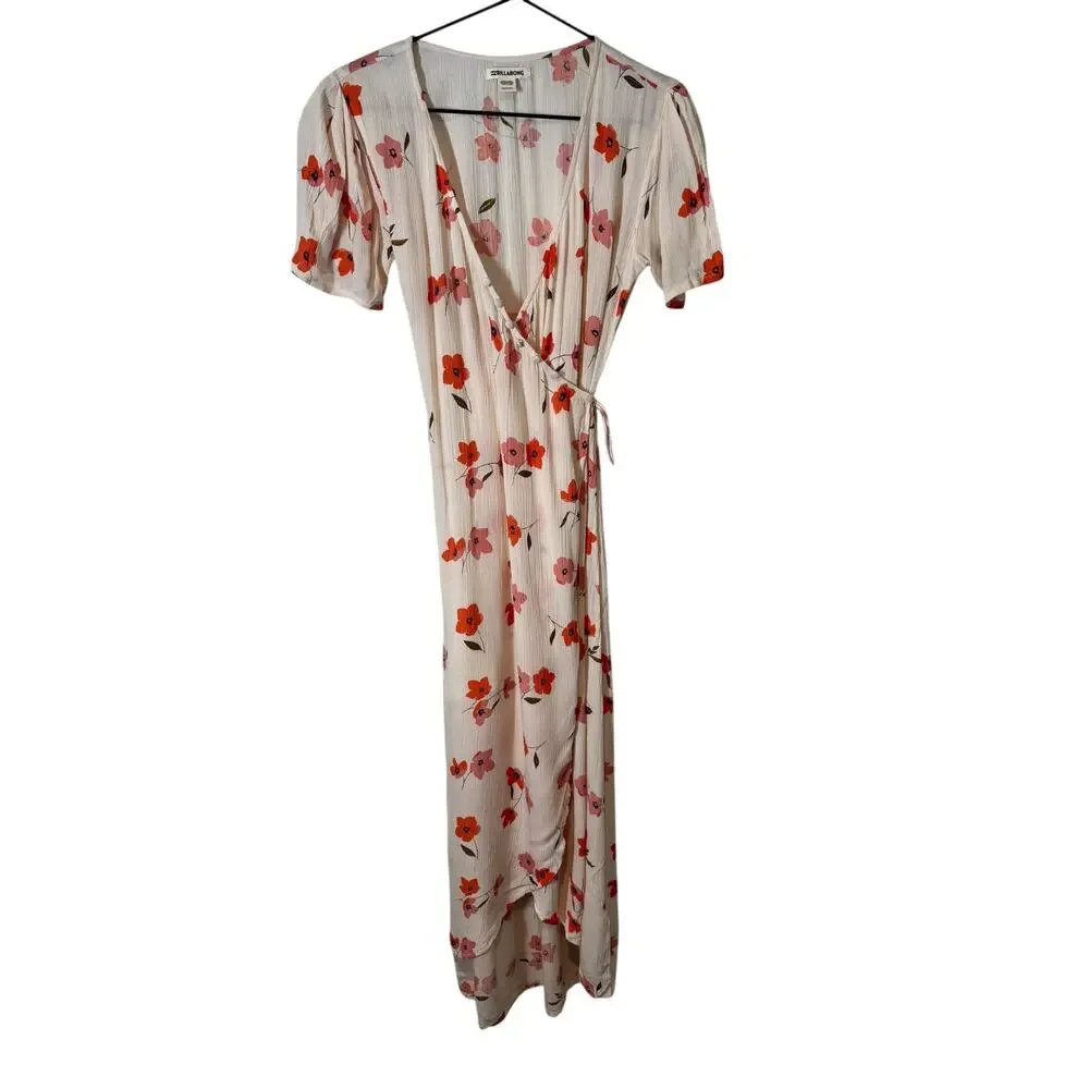 Billabong Floral Fields Midi Wrap Dress Cream‎ Red Pink Floral XS Spring Summer